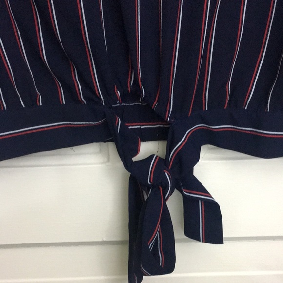 Sweet Wanderer Navy Pinstripe Flutter Sleeve Top - Picture 4 of 11
